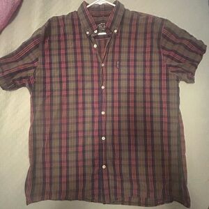 Trim Fit Men’s Brown Plaid Short-Sleeve Button-Down Shirt